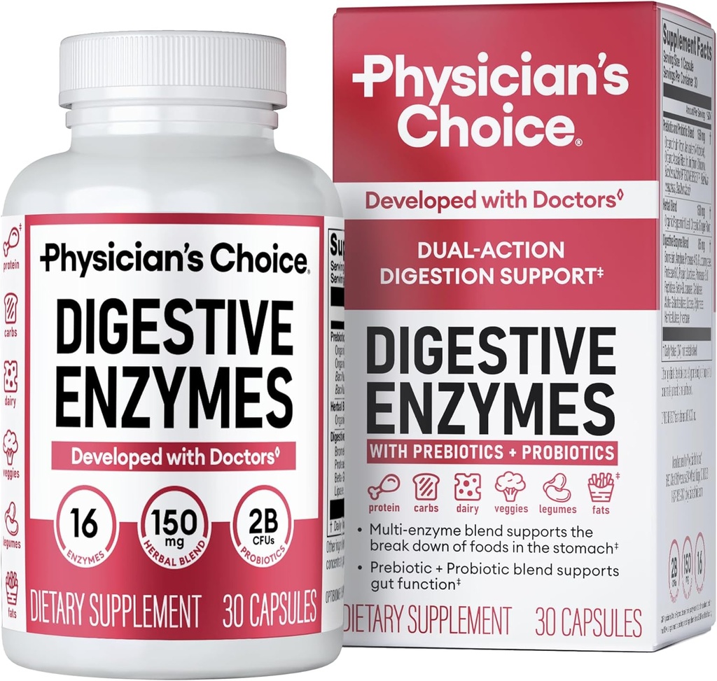 Physician's CHOICE Digestive Enzymes - Multi Enzymes, Bromelain, Organic Prebiotics & Probiotics for Digestive Health & Gut Health - Bloating & Meal Time Discomfort - Dual Action - All Diets - 30 CT
