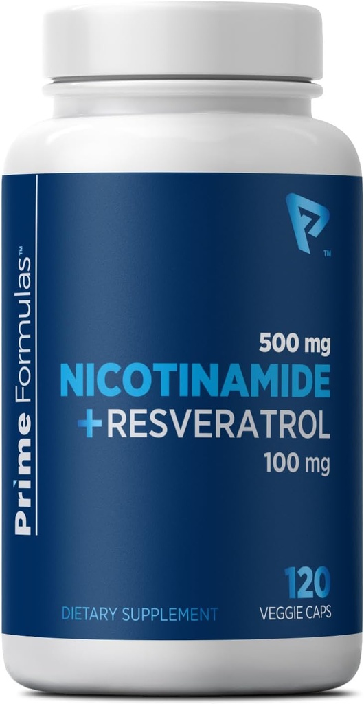 Nicotinamide 500 mg con Resveratrol 100 mg 120 cápsulas vegetales - Vitamina B3 no GMO, soporta la salud metabólica, NAD+, célula de piel y producción de energía mitocondrial. Made in USA for Men and Women