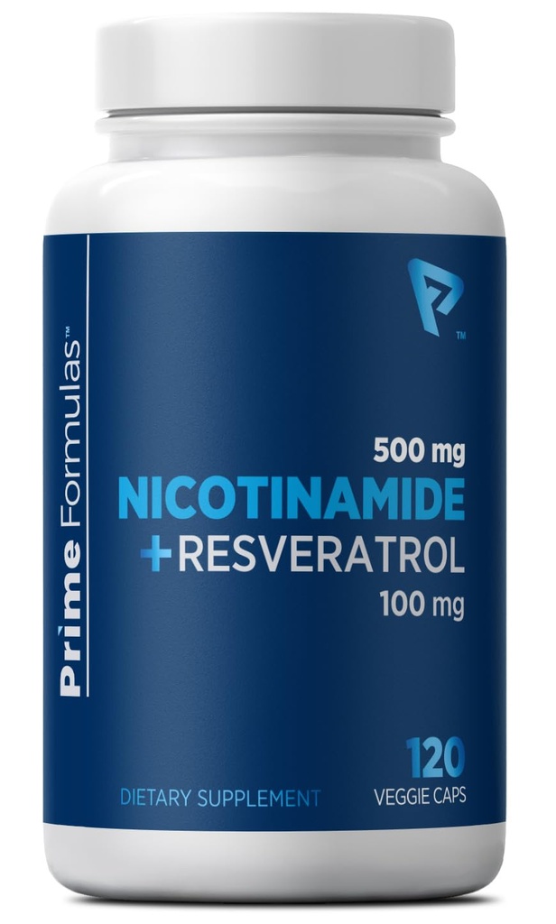 Nicotinamide 500 mg with Resveratrol 100 mg 120 Veggie Capsules - Non-GMO Vitamin B3, Supports Metabolic Health, NAD+, Skin Cell & Mitochondrial Energy Production. Made in USA for Men and Women