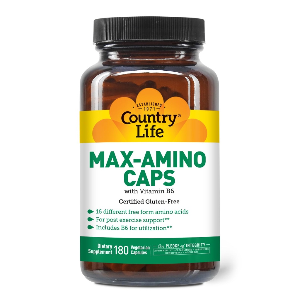 Country Life Maxi-Amino Caps – 16 Free-Form Amino Acids – 180 Vegetarian Capsules – Gluten Free, Vegetarian