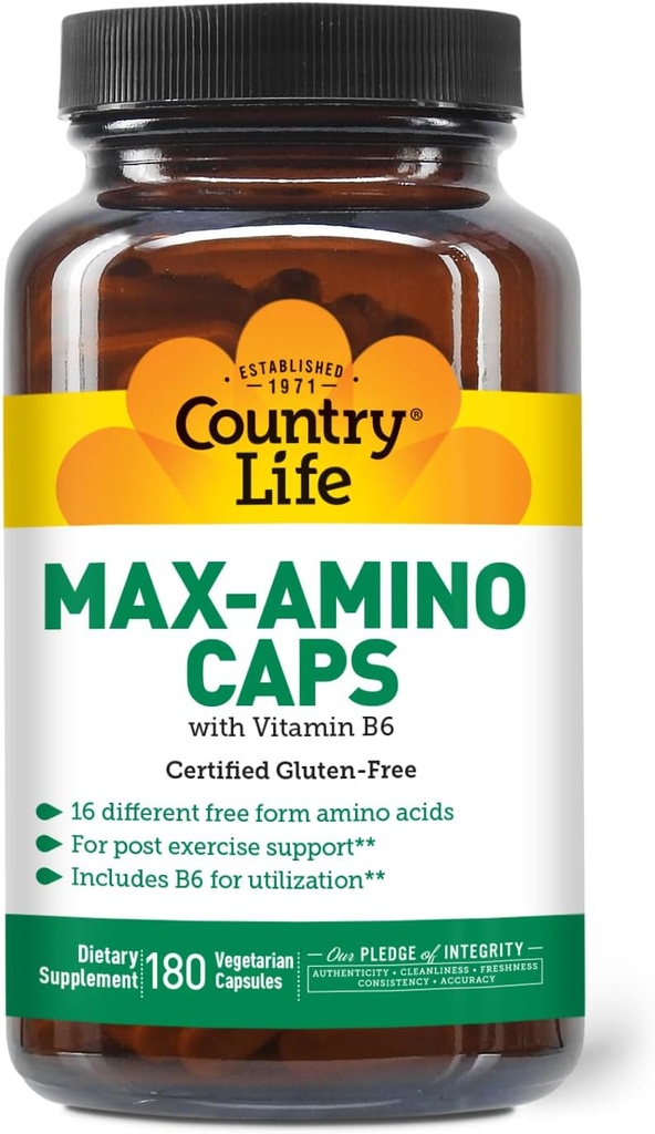 Country Life Maxi-Amino con 16 Aminoácidos de Forma Libre, 180 Cápsulas Vegetarianas, Gluten Certificado Libre, Vegetariano Certificado