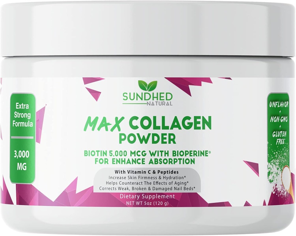 Max Collagen Plus C (30 Day Supply) - All Natural Collagen Powder with Biotin & Bioperine to Boost Anti Aging Hydration & Skin Firmness - 500mg Vitamin C - Strengthen Bones & Nails