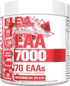 Evlution Nutrition EAA7000 - Pre &amp; Post Workout Powder - Muscle Building + Recovery Supplement - 7g Essential Amino Acids + 5g BCAAs - Endurance + Energy Support - 30 Servings - Watermelon Splash