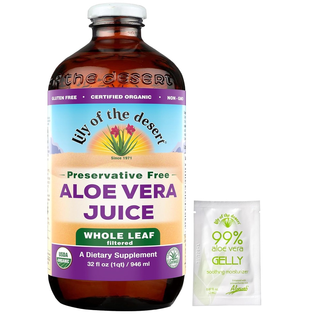Lily Of The Desert Aloe Vera Juice, Preservative Free - Whole Leaf Aloe Vera Bebida con Vitaminas Naturales, Enzimas Digestivos para Gut Health, Stomach Relief, Wellness, Glowing Skin, Gelly Sachet incluido