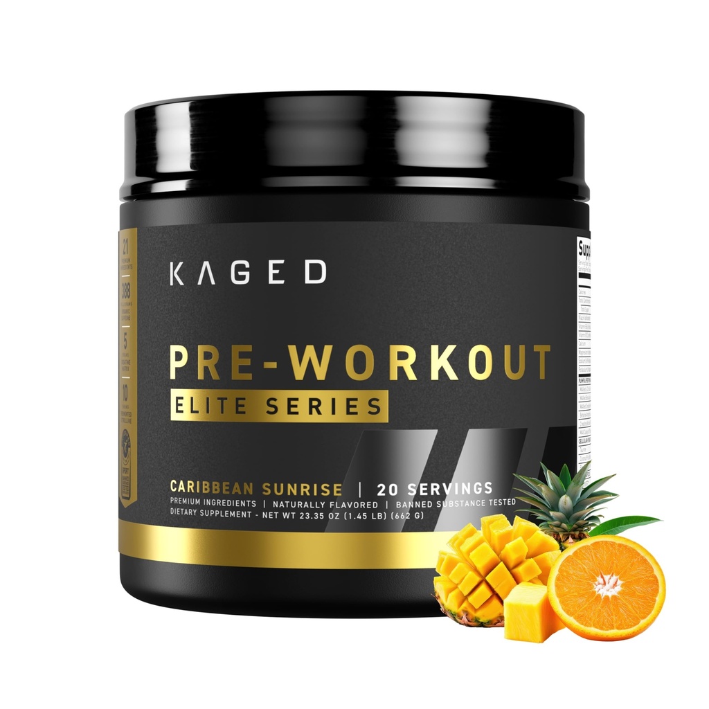Kaged Pre Workout Powder Pre-Workout Elite for Men &amp; Women High Stimulant for Energy, Focus, Pumps L-Citrulline, Beta Alanine, Creatine & 388mg of Organic Caffeine Caribbean Sunrise Servings