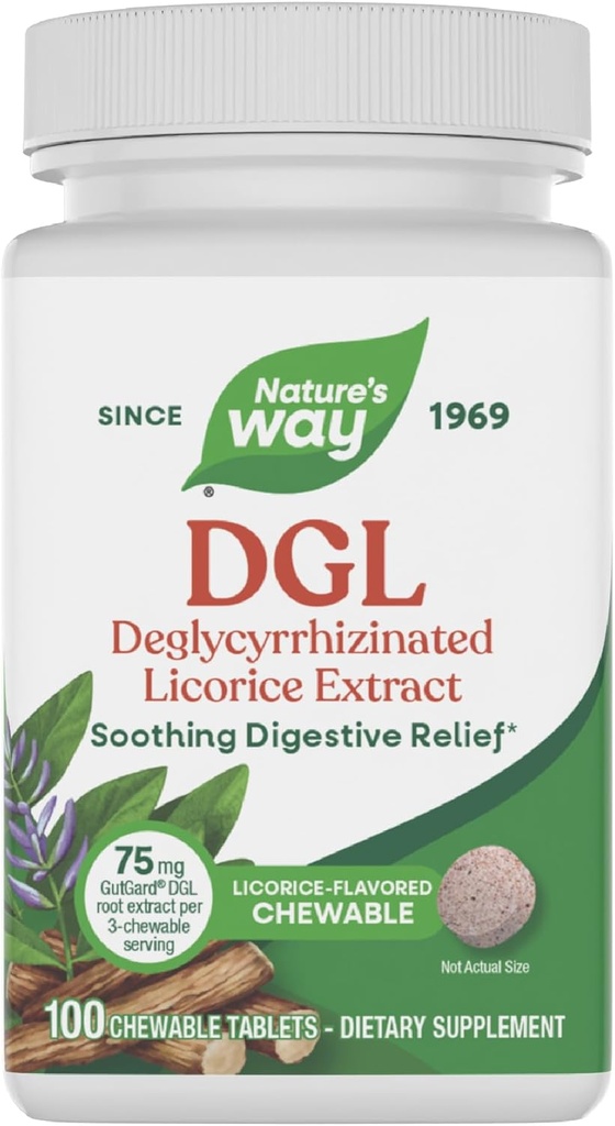 Manera de la naturaleza DGL Tablas Chewable, Alivio Digestivo Soothing*, Para la aparición de estómago ocasional*, Extracto de Licorice Deglycyrrhizinated, Gratuito, Flavorado de Licorice, 100 Tabletas (Packaging May Vary)