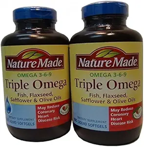Nature Made Triple Omega 3 6 9 - Fish, Flaxseed, Safflower & Olive Oils - 2 Botellas, 180 Softgels Cada uno