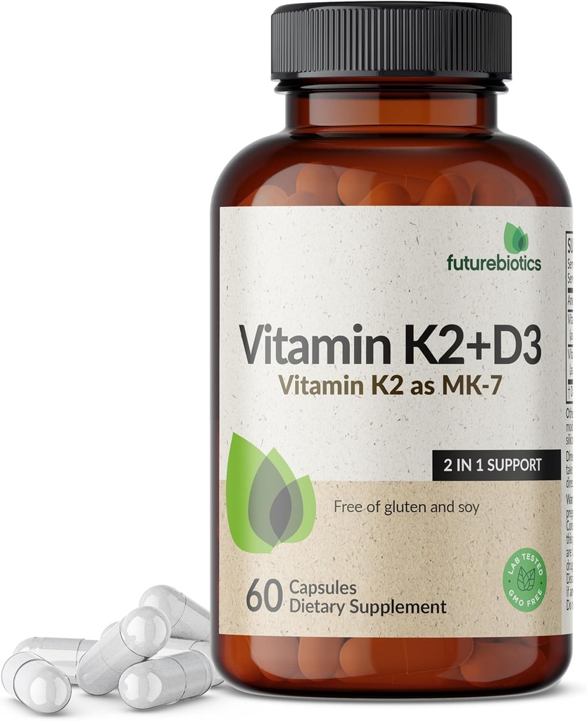 Futurbios Vitamina K2 (MK7) con suplemento D3 - Fórmula no GMO - 5000 UI Vitamina D3 &amp; 90 mcg Vitamina K2 MK-7, 60 cápsulas vegetarianas