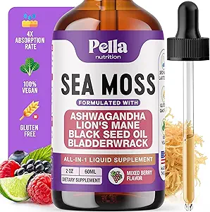 Moss de Mar y Ashwagandha Suplemento líquido - Infundido con Mane de León, Aceite de Semillas Negras, y Bladderwrack - Fórmula Vegan, Fácil de Mix - Apoya la Actividad Antioxidante & Salud Inmunitaria (Berry Mixed, 60mL)