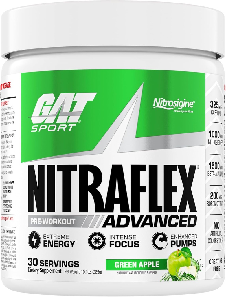 GAT SPORT Nitraflex Advanced Pre-Workout Powder, aumenta el flujo de sangre, aumenta la fuerza y la energía, mejora el rendimiento del ejercicio, libre de crema (gran Apple, 30 servidumbres)