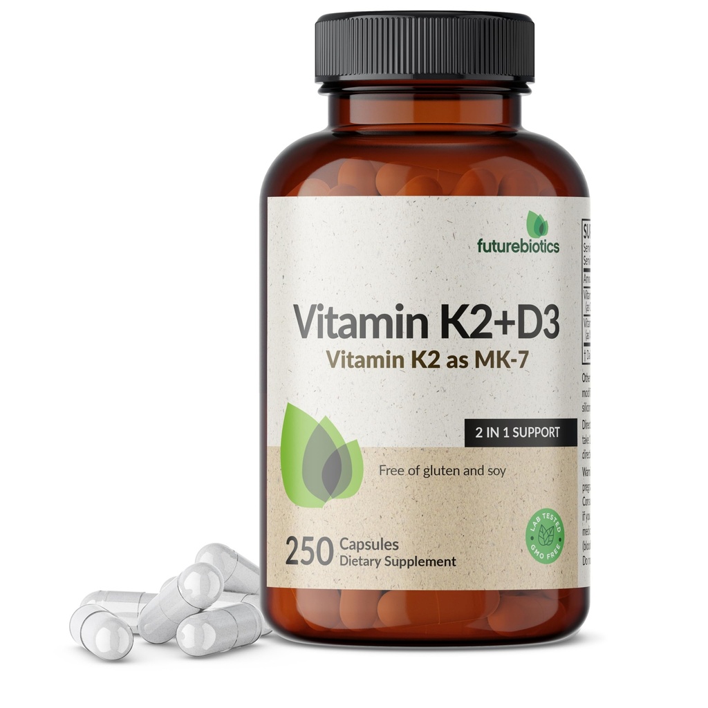 Futurbios Vitamina K2 (MK7) con suplemento D3 - Fórmula no GMO - 5000 UI Vitamina D3 &amp; 90 mcg Vitamina K2 MK-7, 250 cápsulas vegetarianas