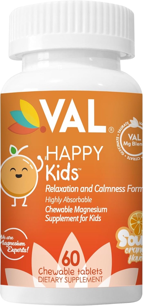 VAL Kids Magnesium TEN calma + Focus Fórmula TENIDO 100mg Mg (Glycinate, Citrate, Taurate) + B6, D3, C TENIDO SUA GRATUITO, NO-GMO TENIDO Fun Chewable Tablets