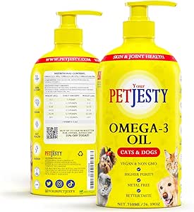 PetJesty Puro Omega 3 Aceite para perros &amp; gatos 26.39oz - Omega 3 piel " Coat Soporte- Alimento líquido para mascotas - mascota vegana + DHA para la función conjunta, Immune " Heart Health, Non Fish Oil Dog y Cat