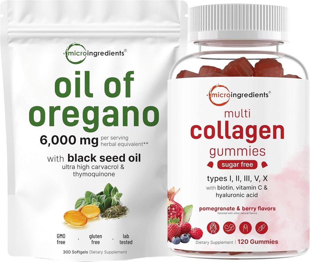 Micro Ingredientes Óleo de Oregano Softgels 6.000mg Por Serving & Multi Collagen Peptides Gummies Bundle Pack ← 4X Strength Carvacrol & Thymoquinon Silencio Tipo I,II,III,V,X Protein