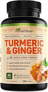 Base Turmeric y suplemento de jengibre - con Curcumin, Vinagre de manzana & Extracto de Pepper Negro BioPerino - 95% Curcuminoides - 120 cápsulas