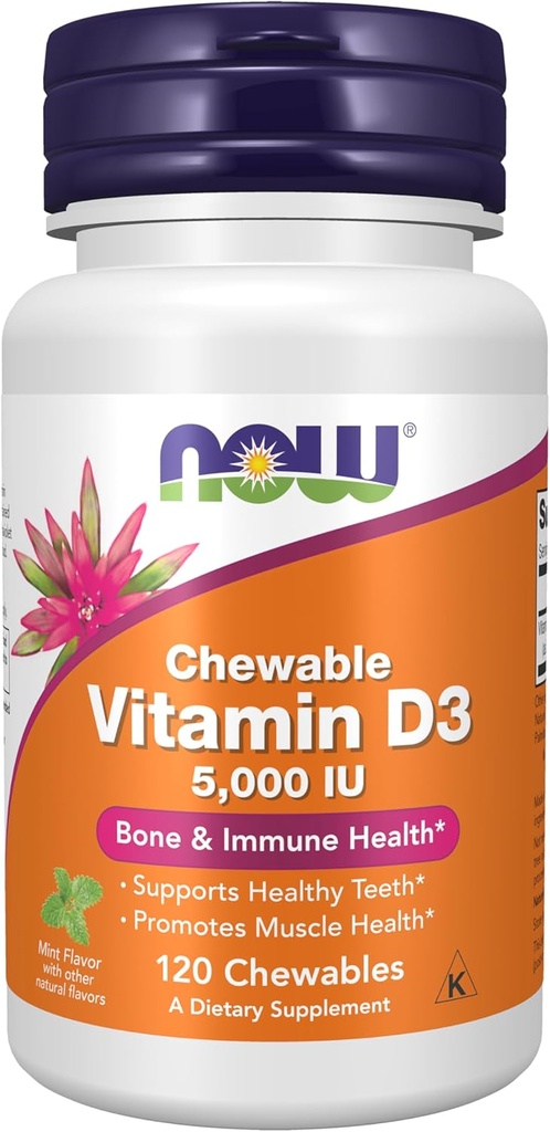 AHORA Suplementos de alimentos, vitamina D-3 5.000 UI, sabor de menta natural, soporte estructural*, 120 Chewables