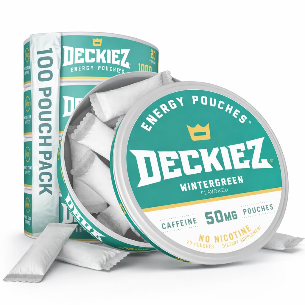 Deckiez Energy Pouches, 5 Cans (100 Pouches), Sugar Free Caffeine Supplement, Coffee Pouches & Energy Drink Alternative, 50mg Caffeine Pouches, Wintergreen Flavor