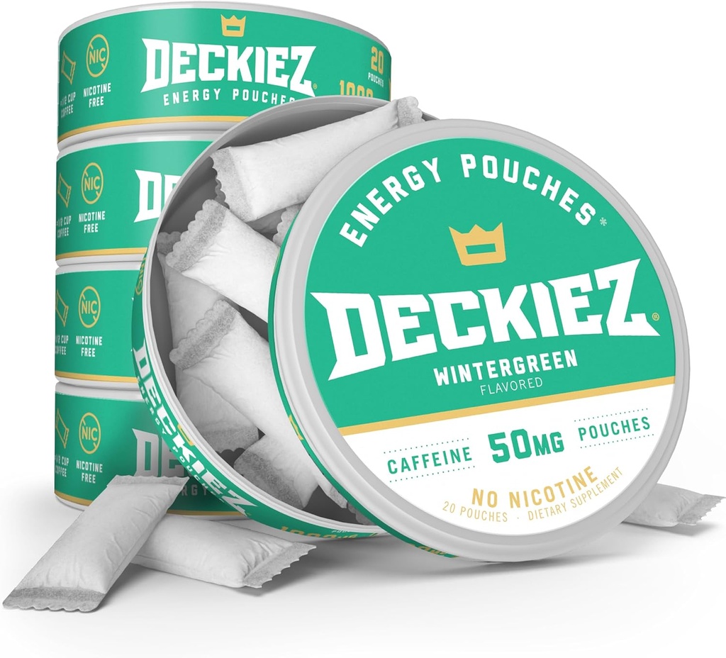 Deckiez Energy Pouches, 5 Cans (100 Servings), suplemento de cafeína gratis de azúcar, café Pouches " Energy Drink Alternative, 50mg Caffeine Pouches, Wintergreen Flavor