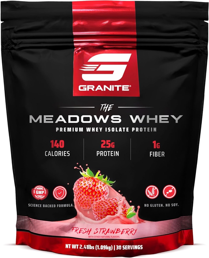 Suplementos de granito Los prados Whey Protein Isolate Protein Powder para el músculo magro con 150 Calories, 2g Fiber, 1g Sugar (30 Servings), Fresco Sabor de Fresa