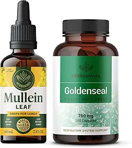 HerBAMAMA Mullein Leaf Extract and Goldenseal Capsules Kit - Bundle of Mullein Leaf Tincture 2 fl oz y 700 mg Goldenseal Root Capsules - Vegan, Non-GMO, Sugar &amp; Alcohol-Free - 2 Pack