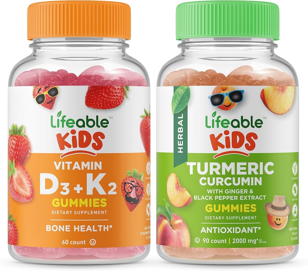 Vitamina D3 + Vitamina K2 Niños + Curcumina Turmérica Niños, Gummies Bundle - Gran Tasting, Suplemento de Vitamina, Gluten Gratis, GMO Gratis, Chewable Gummy