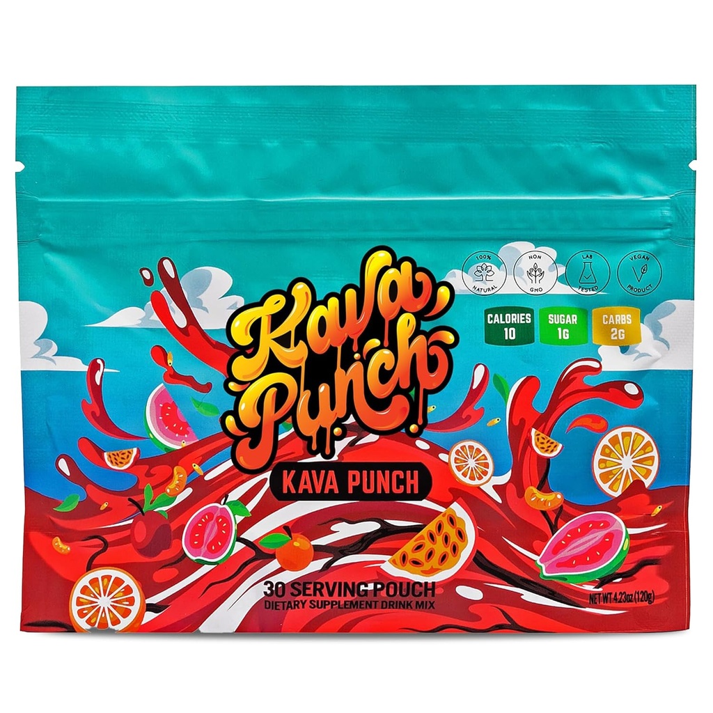 Kava Punch Relaxation Powder – 30 Serving Pouch with Premium Kava Kava Extract | Daily Stress Relief Supplement | Non-Alcoholic, Low-Calorie, Healthy Drink Mix | Alcohol Alternative Beverage with Buzz