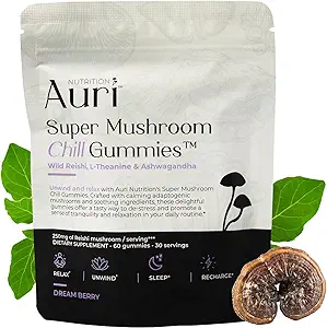 Auri Super Mushroom Chill Gummies - Natural Calming Aid &amp; Stress Reduction Supplement for Adults w/Reishi Mushroom, Ashwagandha, L-Theanine - Unwind Mind &amp; Harmonize Your Day - 60 Calm Gummies