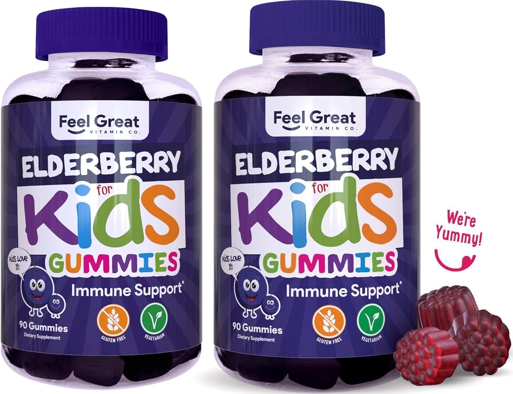 Feel Great Kids Elderberry Gummies with Zinc and Vitamin C (2-Pack) Immune Support Sambucus Elderberry ← Berry Flavored Vegan Multivitamins ← 90 Conde