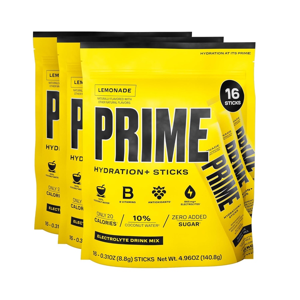 PRIME HYDRATION+ Pegatinas Lemonade ¦ Hydration Powder Single Serve Sticks ← Electrolyte Powder On The Go ← 250mg BCAAs, B Vitaminas, Antioxidantes ← Bajo Sugar ← Caffeine-Free TEN Vegan TEN 48 Pegatinas