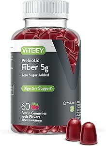 Viteey Prebiotic Fiber Gummies for Adults, 5g - Gut Health & Digestive Soluble Fiber Supplement Gummies - Zero Sugar Añadido, Vegan, Gluten-Free - 60 Condes