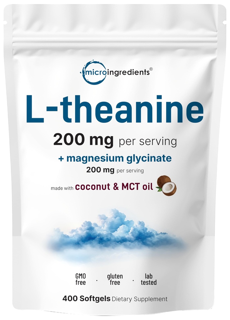 L-Theanine 200mg con Magnesium Glycinate, 400 Coconut MCT Oil Softgels ← Relajación, Focus &amp; Muscle Support Suplemento  2-in-1 Amino Acido &amp; Mineral Complex