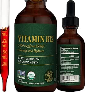 Sanación Global - Vitamina Orgánica B12 5000 MCG Líquido Sublingual - Metilcobalamina, Hidroxo Blend &amp; Más - gotas metiladas para adultos - Vegan, No GMO, VIT B12, Suplemento de vitaminas (2 Oz)