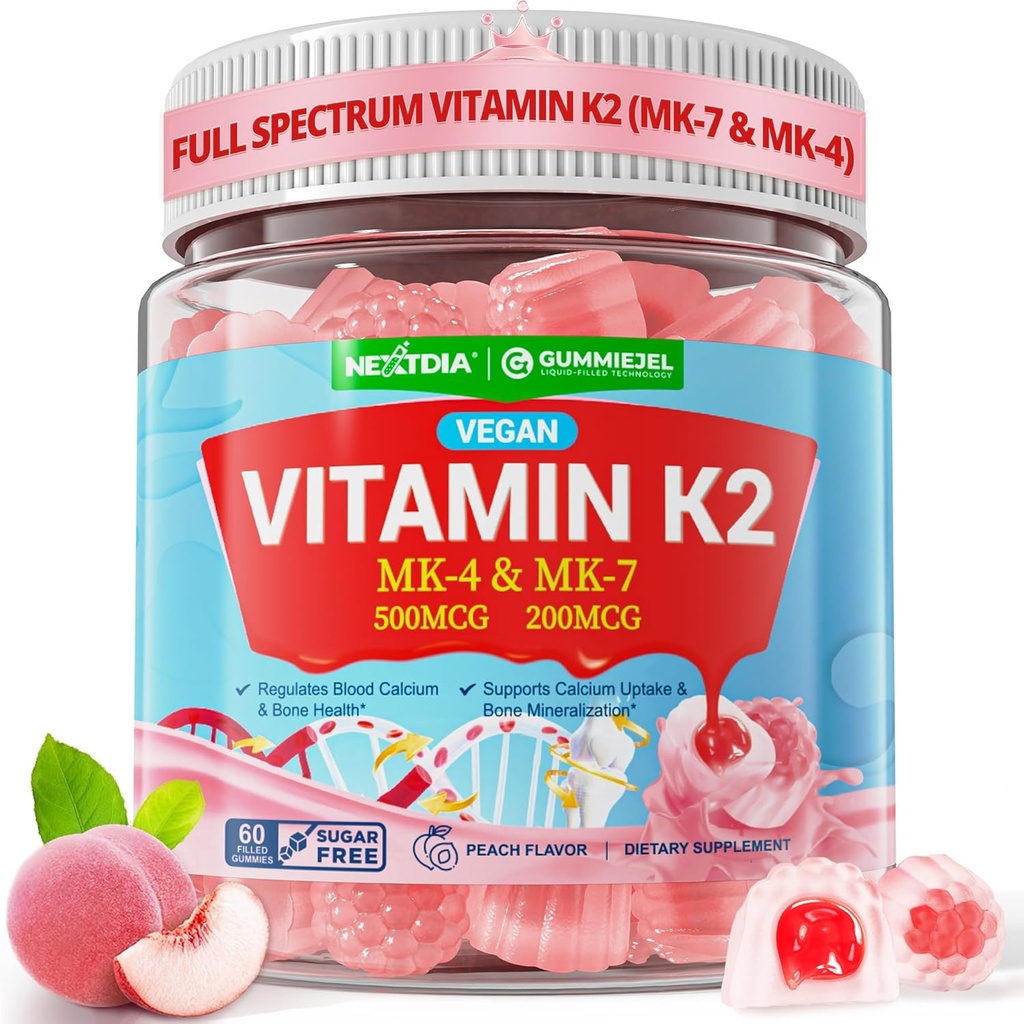 Vitamina K2 Gummies MK-7 200 mcg &amp; MK-4 500 mcg para Hombres Azúcar gratis, perfecto 2-IN-1 Full Spectrum Vitamina K2 Suplemento para Bone, He chorrito, promueve la absorción de calcio, cerebro, dientes, inmune,1Pack