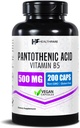 Healthfare Pantothenic Acid 500mg Vitamin B5 Supplement ← 200 Vegan Capsules ← Extra Strength Energy &amp; Metabolism Support ← Non-GMO, Gluten-Free TEN Made in USA