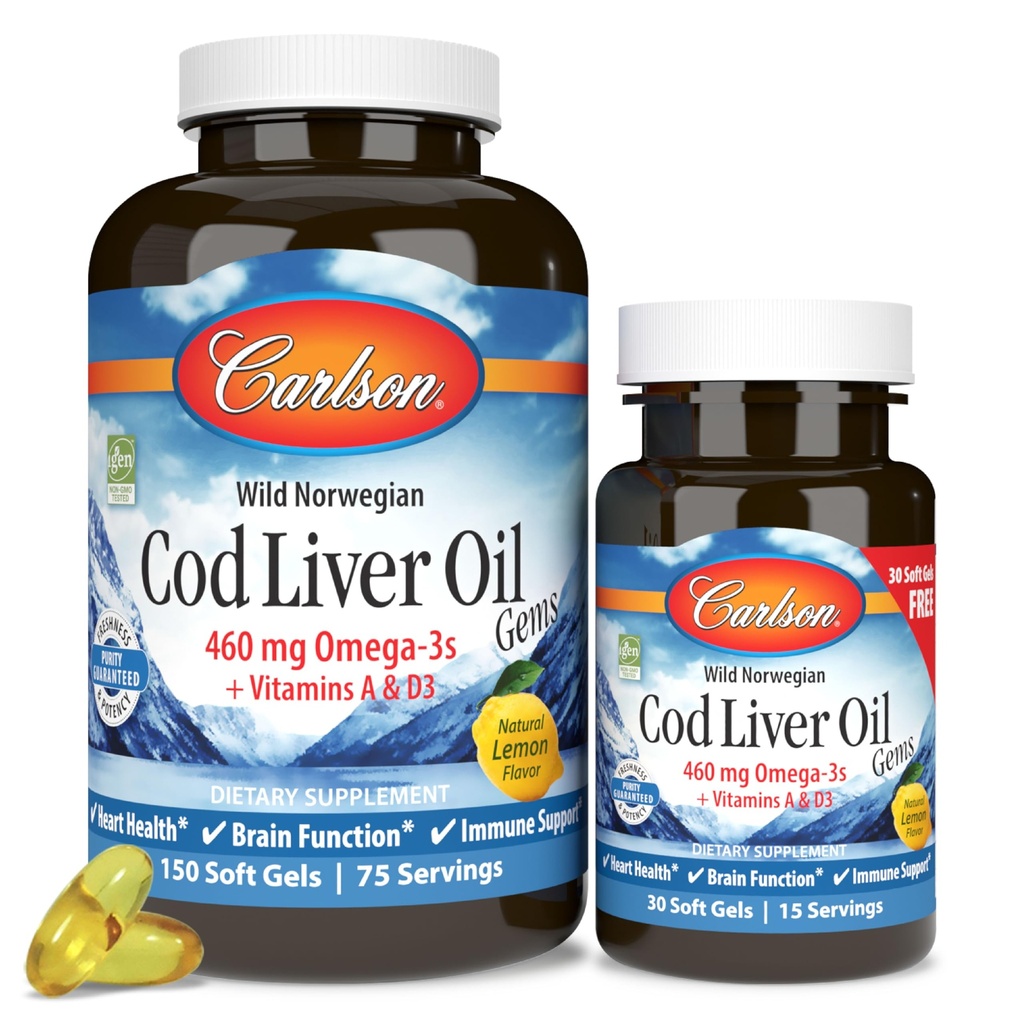 Carlson - Cod Liver Oil Gems, 460 mg Omega-3s, Plus Vitaminas A y D3, Wild Caught Norwegian Arctic Cod, Sustentablemente Fuented Nordic Fish Oil Capsules, Lemon, 150 + 30 Softgels