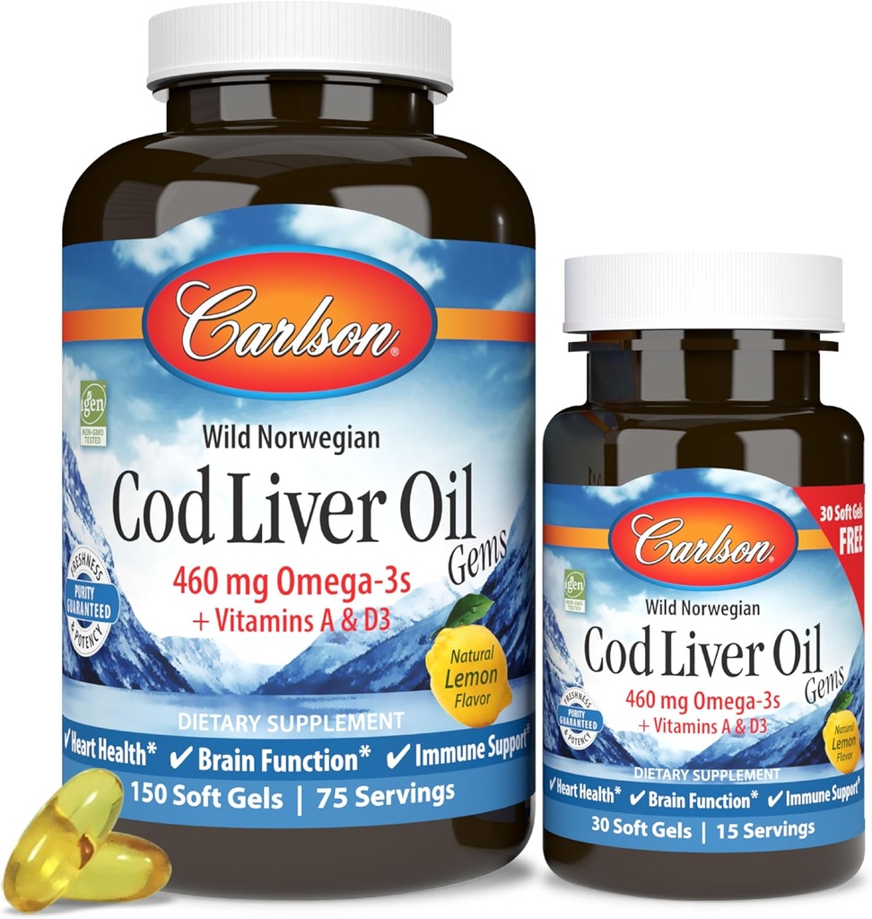 Carlson - Cod Liver Oil Gems, 460 mg Omega-3s, Plus Vitaminas A y D3, Wild Caught Norwegian Arctic Cod, Sustentablemente Fuented Nordic Fish Oil Capsules, Lemon, 150 + 30 Softgels