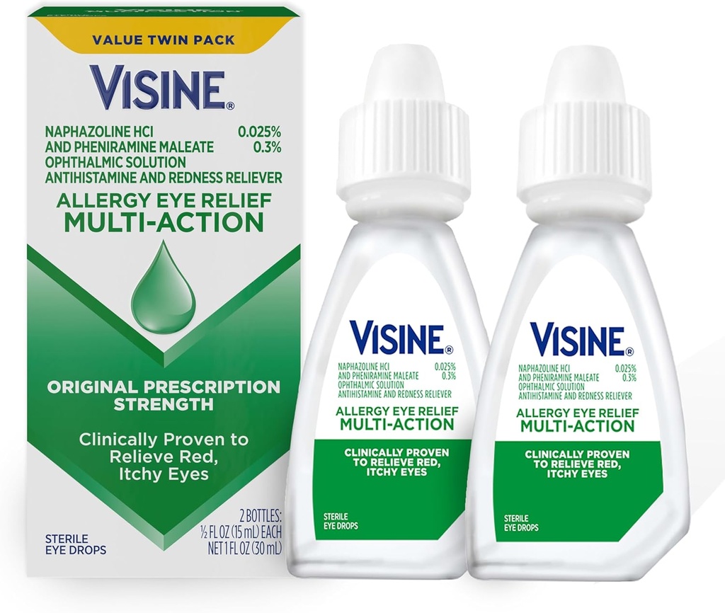 Visine Allergy Eye Relief Multi-Action Antihistamine & Redness Reliever Eye Drops with Pheniramine Maleate & Naphazoline HCl, Eye Drop Treatment for Red, Itchy, Allergy Eyes, 0.5 fl. oz, 2 Pack