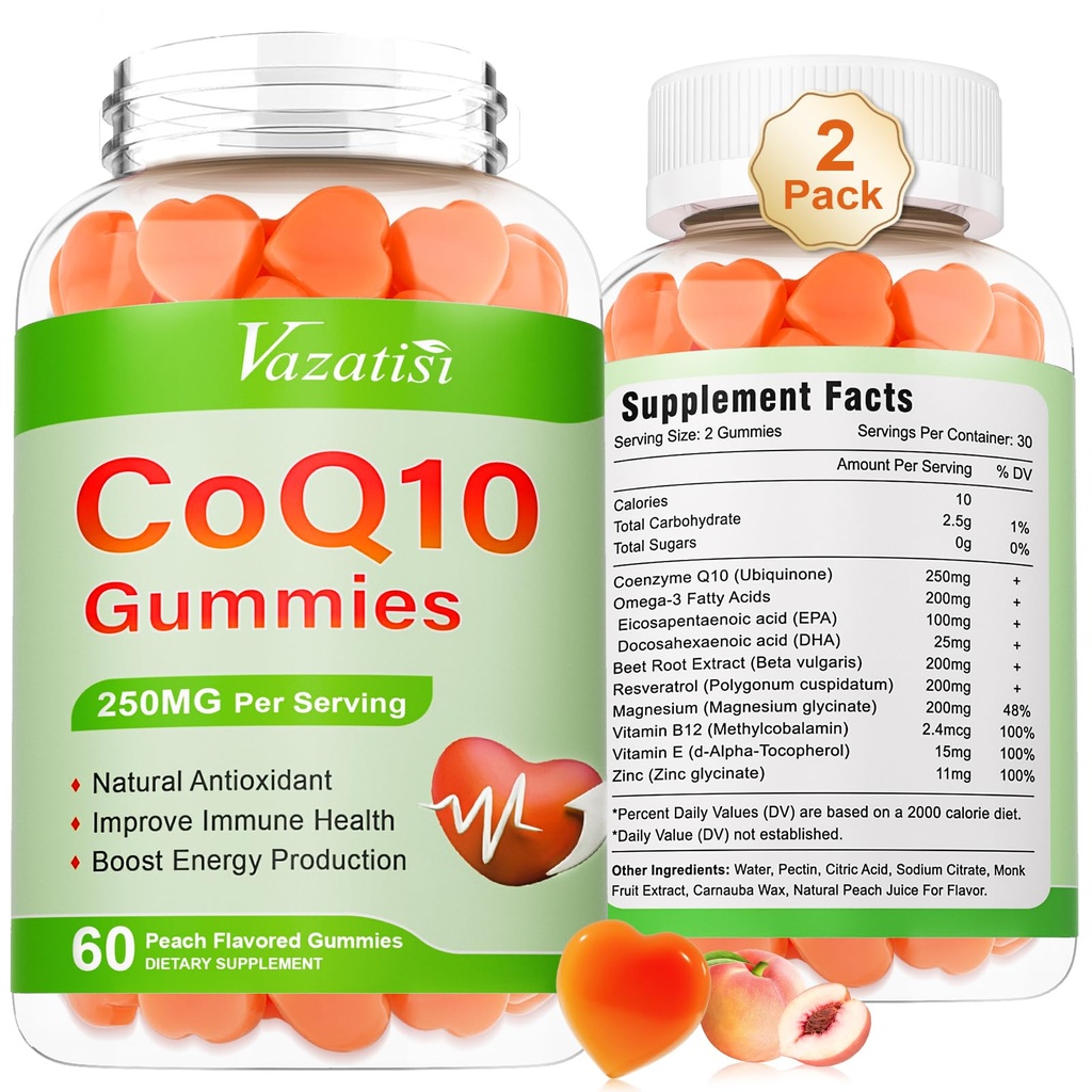 2 Pack CoQ10 Gummies 250 mg, Plus Omega-3, Magnesio, Vitamina B12 para Energía Celular, Cerebro y Antioxidante, 5X mejor absorción Coenzima Q10 Suplemento - 120 Cts