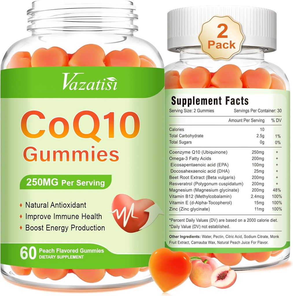 2 Pack CoQ10 Gummies 250 mg, Plus Omega-3, Magnesio, Vitamina B12 para Energía Celular, Cerebro y Antioxidante, 5X mejor absorción Coenzima Q10 Suplemento - 120 Cts