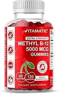 Vitamatic Extra Strength Vitamin B12 5000 mcg (Metil B12) Gummies - 120 Conde - Energy Metabolism Support and Nervous System Health Support, Natural Cherry Flavored (1)