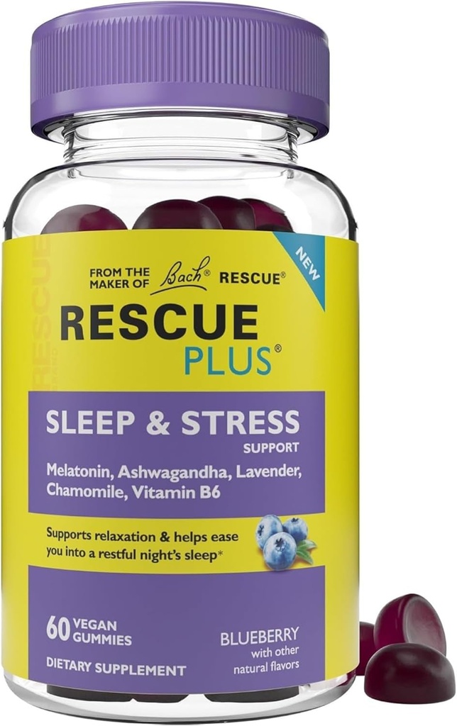 Bach RESCUE PLUS Apoyo al sueño Gummies, Suplemento dietético nocturno con 1 mg de melatonina, Ashwagandha, manzanilla, lavanda &amp; vitamina B6, sabor natural de arándanos, Vegan &amp; Gluten-Free, 60 Condes