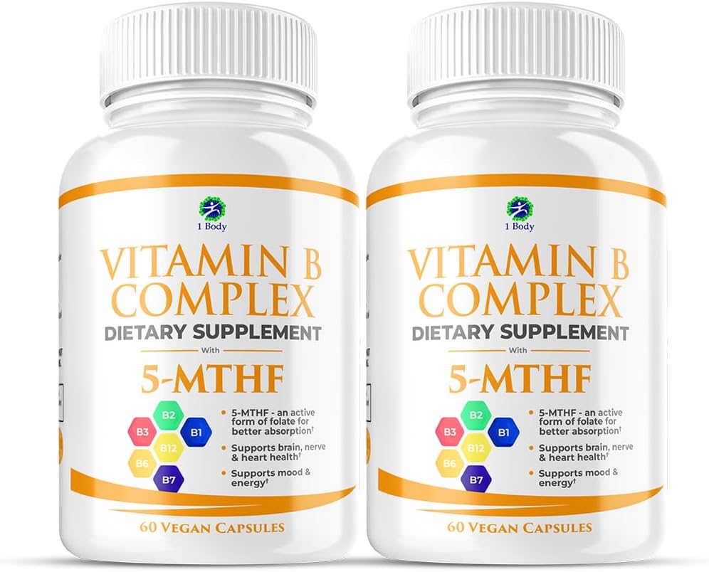 1 Body Vitamin B Complex Twin Pack – 5-MTHF Folate con B1, B2, B5, B6, Metil B12, Niacin, Biotina – 60 cápsulas