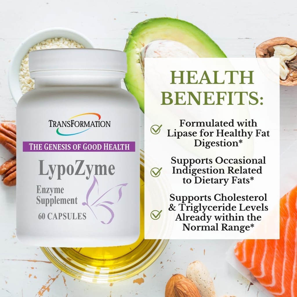 TRANSFORMACIÓN LA GENESIS DE LA BUENA SALUD LypoZyme Enzyme Suplemento, Advance Lipase Enzyme Blend for Healthy Digestion " Nutrient Absorption, Non-GMO,60 Cap
