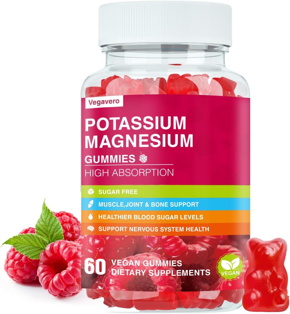 Gummies de magnesio de potasio - High Absorption Magnesium Glycinate & Potassium Citrate Plus Coenzyme Q10, DHA, D3, Mineral & Calcium for Zzz, Leg Cramps & Muscle - 60 Raspberry Gummies