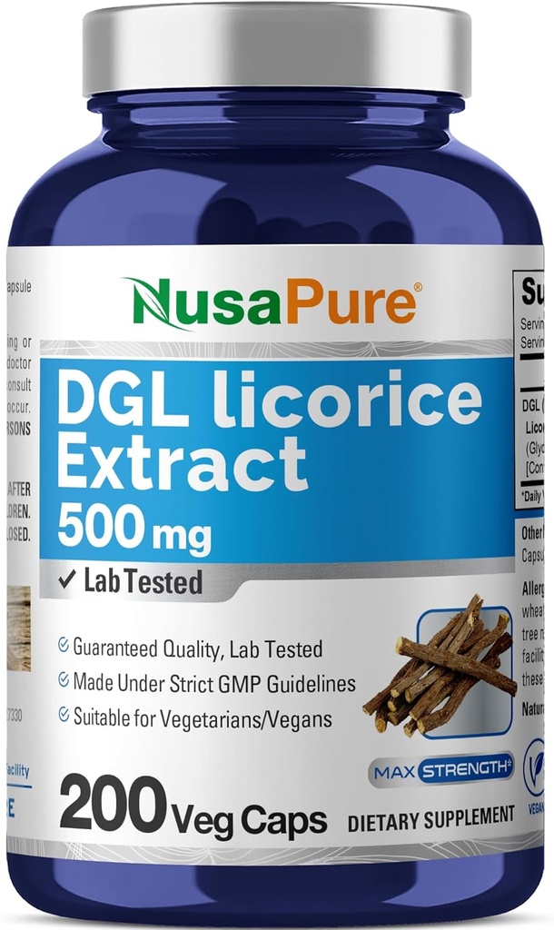 NusaPure DGL Licorice Extracto 500 mg 200 Veggie Capsules (Vegan,No-GMO)
