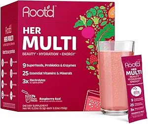 Polvo multivitamínico Root para mujeres - 25 vitaminas " minerales con electrolitos 3X, 9 superalimentos orgánicos, probióticos " enzimas, multivitamínicos libres de azúcar " hidratación 24 Vitamin Drink Mix Packets