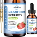 Triple Magnesium Complex Liquid Drops, 1300mg Magnesium Glycinate, Taurate & Citrato con Omega3, L-Theanine, Ashwagandha, Potassium, D3, B6, B12 para calma, sueño, musculo, sabor a fresa, 2 Fl OZ