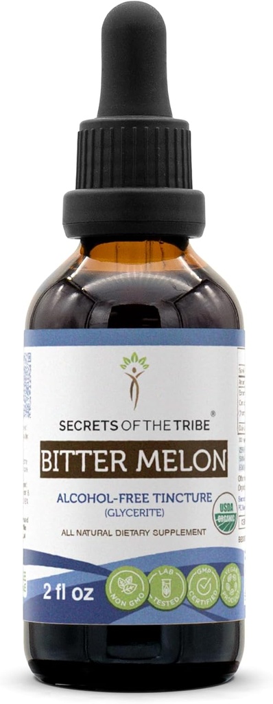 Secrets of the Tribe Bitter Melon USDA Orgánica ← Extract libre de alcohol, gotas herbales de alta potencia Escrito por 100% Certified Organic Bitter Melon (Momordica Charantia) Fruta seca 2 OZ