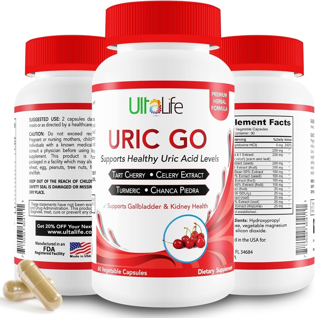 #1 URIC GO Uric Acid Cleanse Support Supplement for G.O.U.T - Natural Kidney Cleanse Detox Formula Chanca Piedra, Celery Seed, Tart Cherry, Cranberry, Pomegranate, Turmeric, Vegan Non-GMO 60 cápsulas