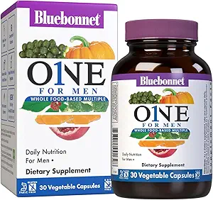Bluebonnet Nutrition One for Men Whole Food-Based Multiple, Daily Nutrition*, Non-GMO, Vegetarian Friendly, Kosher, Gluten-Free, Soy-Free, Dairy-Free, Iron Free, 30 Vegetable Capsules, 30 Servidores